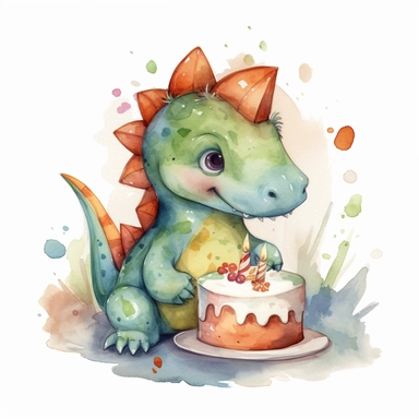 High resolution, cute dinosaur holding birthday cake, watercolor clipart, completely white background