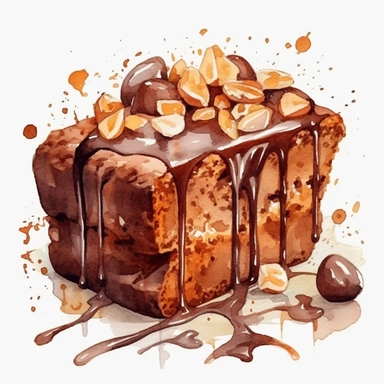 watercolor png clipart, chocolate pound cake with chocolate dripping and almonds, hd, on white background