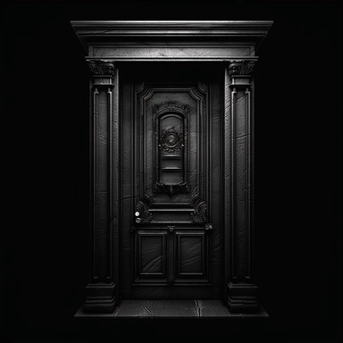 dark horror door, clipart, front view, black background