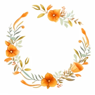 A hand painted one orange flower wreath clipart