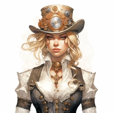 Solid white background. Waist-up illustration of a determined steampunk woman, her intense gaze and resolute smile reflecting her strong determination. Her alabaster skin and blond hair beautifully contrast her attire in shades of white and metallic bronze, a testament to Victorian elegance and steampunk aesthetics. Instead of a hat, she wears a sleek headband adorned with industrial motifs. The background lacks any steampunk elements. Pastel clipart, hyper-realistic, retro-futurism, solid white