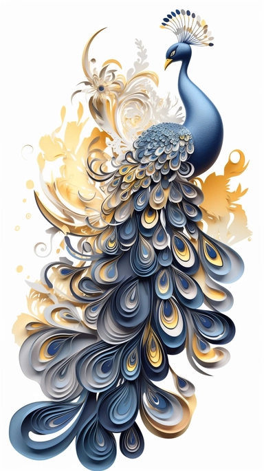 A stunning rendition of Canary yellow, Slate gray, Denim blue peacock made of intricate details, hyperrealistic, whimsical, octane render, very colorful, vibrant, cinematic, ornate, watercolor style clipart