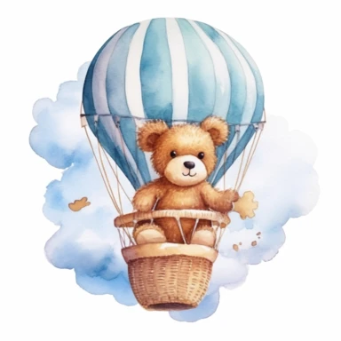 cute Teddy Bear in a hot air balloon in the clouds, clipart, watercolor, white background