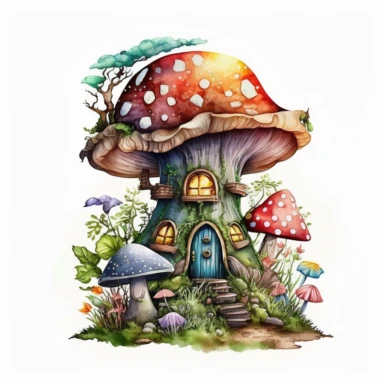 bright realistic Magical Mushroom House with faires, watercolor colors clipart style, on white background, 32k, full high definition, ultra clear image, ultra fine lines, hyper-realistic detail, whole imagine with thick black outline