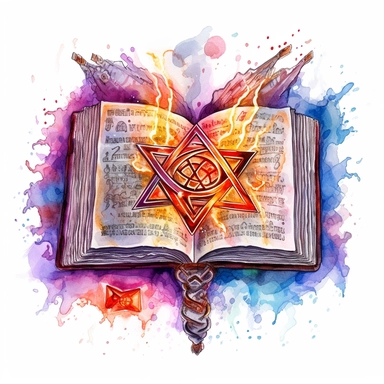 Solid white background, Detailed watercolor open ancient wizard magic book with symetrical love magic swelling from the book's pages clipart. The visable pages of the book have glowing etched runes on them visibly.