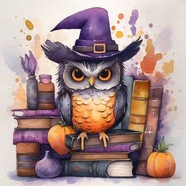 Watercolour cute witches owl, wearing a witch hat, clipart. The owl is sitting on a bookshelf, surrounded by books and potions. Its feathers are a mix of dark and orange shades, and its eyes are looking directly at the viewer. The witch hat has a purple ribbon, and the owl is holding a feather quill in its wing. The bookshelf is in a dark, candlelit room, with cobwebs and a cauldron in the corner. The books have titles like The Art of Witchcraft and Magical Potions and Spells. The potions on the