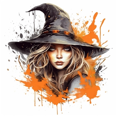 a fantasy clipart of a beautiful halloween witch, white backgroudn no paint drips, high detail