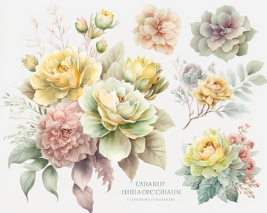 soft colorful pastel colored floral arrangement clipart, soft and subtle, colorful fairy pastel colors watercolor style, fawncore, pastel roses only, dreamy green and yellow pastel colors, muted pastel colors, plain white background, use of fabric, excellent depth of shading in soft watercolor style, watercolor artwork, plain white background for transparent editing