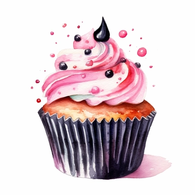 Watercolor pink and black birthday cupcake drawing, illustration clipart, high detailed, white background, digital art