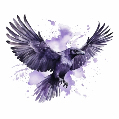 Gothic Elegance Watercolor Clipart: Enchanted Raven This piece portrays a majestic raven in flight, its feathers a blend of Midnight Black and Moonlight Silver. Its eyes, a piercing Enchanted Violet, add a mystical allure. The bird is isolated from the white background.