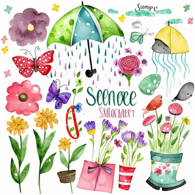 Please create a series of watercolor clipart illustrations featuring different items related to spring. Each illustration should be drawn in a charming and playful style that captures the beauty and vibrancy of the season. Items to include can be flowers, butterflies, birds, bees, rain boots, and umbrellas. Please use a coherent color palette that is bright and cheerful, but also soothing and calming. Colors that are associated with spring, such as greens, blues, pinks, and yellows, should be us