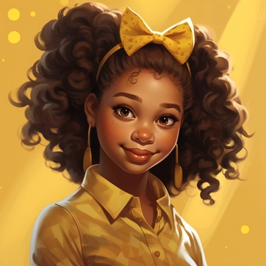 illustration concept of cartoon african girl with a bow clip art, in the style of lilia alvarado, yellow and gold, poodlepunk, walt disney, realistic portrait drawings, charming anime characters, 32k uhd