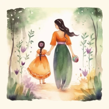 Watercolour illustration, A beautifu mexican Mom and Me Watercolor, Clipart, High Res, Mother's Day, Mother's Love, waterpaint, fresh colors, happy, white backgroundm, simplified Art Nouveau, walking, enchanted forest, front to camera, version 4 style, high detailed, sharp