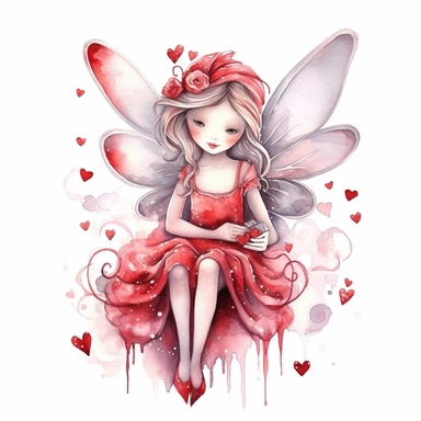 valentine fairy, red and silver colors, hearts, thick border lines, watercolor, clip art, spaced out, white background