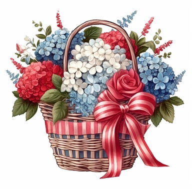 Red and blue and white flower basket clipart, red ribbons, high detailed, realistic detail, illustration style, high solution, on the white background