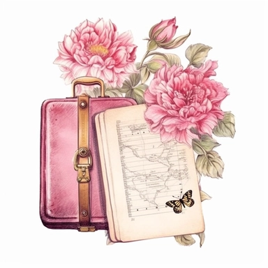 hand drawn , watercolor, hyper realistic, white background, white margins, 16k, ultra detailed clipart, cut out image, hand-drawn, ultra HD, sharp and clean art a vintage cruise ticket with delicate floral , capturing the romantic and feminine aesthetics often associated with vintage fashion and travel. light pink pastel