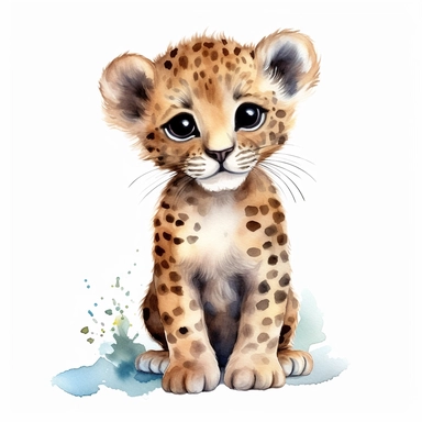 an adorable baby leopard with kind eyes clipart with watercolor illustration,full body shot,8k,etsy style, white background