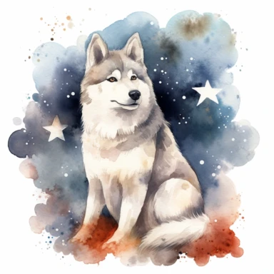 an enchanting watercolor clipart image of a Siberian Husky dog with a white background, surrounded by stars and sitting on a cloud