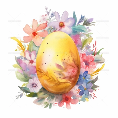 a bright watercolour composition of one easter egg with beautiful bold pattern surrounded by delicate flowers isolated on a white background for clipart or sticker, enchanting cottagecore style by digitalcurio, warm and cozy feeling, warm glowing lighting –no text fonts letters watermark words typography slogans signature
