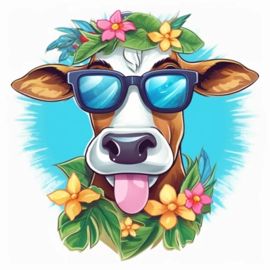 A cow wearing sunglasses and a Hawaiian lei, enjoying a tropical vacation clipart