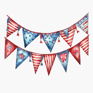 watercolor, 4th of July Patriotic bunting - Clip art of patriotic bunting or flag garland in red, white, and blue. png Full body realistic cartoon in 32K UHD cute. 15 cm thick outline. Black color. There was no shadow on the ground. 8k with realistic watercolors and detailed illustrations. PNG clipart, transparent white background