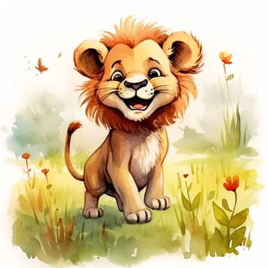a friendly looking watercolor little lion. Its mane is neatly brushed. The little lion's wide-eyed expression suggests an eager appetite for knowledge. He looks happy as he is standing in the meadow. He has a wide smile while laughing. without a backround so it can be used as a clipart in many diffrent designs.