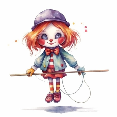 Chibi super cute clown walking a tight rope with an umbrella for balance clip art, no watermark, no signature, no text, white background, watercolour, hyperrealism, no text, high detail, individual elements