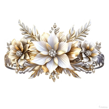 Precious flower hEADband is illuminated with morning light with white gold and silver colors in clipart style on white background