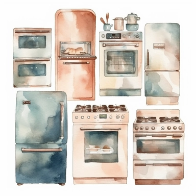 Generate a watercolor clipart set of kitchen appliances, including a refrigerator, oven, stove, and microwave. Use soft, muted colors and a gentle brushstroke effect to give the images a calming and soothing aesthetic, white background