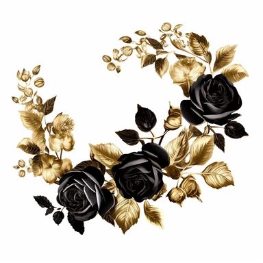 elegant vintage garland arrangement, black rose with gold leaves, clipart, on white background