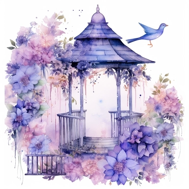 a set of unique EFFERVESCENT watercolor style clip art images in purple and blue of a Gazebo with lavender and other purple flowers growing around it, a Gazebo surrounded with dreamy purple flowers, a birdhouse with roses, dreamy intricate designs, the setting must be a floral dream, a secret garden theme, including garden decorations with elements such as fantasy, fantasy-inspired floral patterns, The overall mood of the images should be a fantasy floral wonderland, with a focus on the beauty a