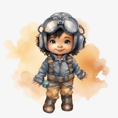 a watercolour clipart of a baby black girl aviator pilot, full body, big cute eyes, and simple watercolour background