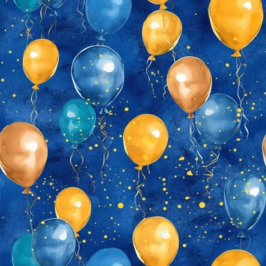 watercolor style birthday balloons bright colors blue royal blue gold high detail deep blue background clipart seamless tile