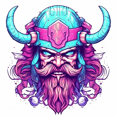 synthwave-styled furious Viking, watercolor , in the style of dan mumford, light magenta, tropical symbolism, cute and colorful, transparent layers, rounded, vibrant and colorful, clipart, white background, high detail, individual elements