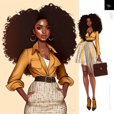 stunningly beautiful full body afican american woman clipart with voluminous curly hair wearing a fashion nova outfit??, fashionable, isolated design, clipart image inspired by Hui Mu