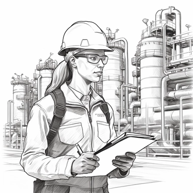 38 year-old female operations manager with glasses and a hard hat holding a clipboard and inspecting equipment at a chemical plant, simple sketch, black and white line art