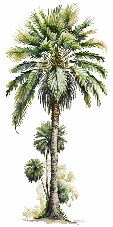 watercolor perfect detailed complicated palm tree clipart with white background realistic colors, white background