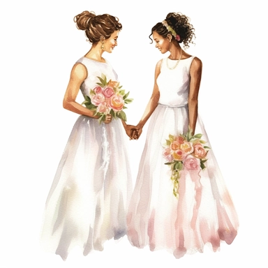 watercolor, hyper realistic, white background, white margins, 16k, ultra detailed clipart, cut out image, hand-drawn, whimsical celebration of love and commitment between two individuals of the same gender, wearing wedding attire, two brides