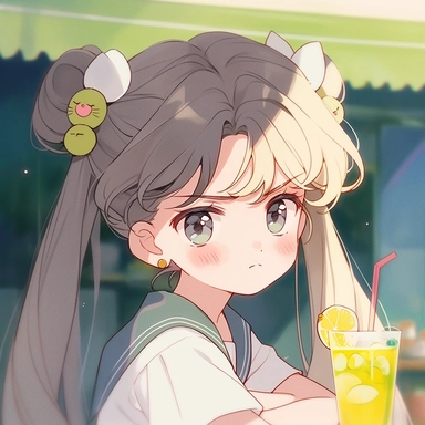 1970s anime style, old era retro style, a close-up shot of a girl, 15 years old, long black hair, 37 points bangs, bow hair clip, gray green V-neck print short sleeve, a cute white cat on the shoulder, holding a cup of lemonade, sweet, light, sky background
