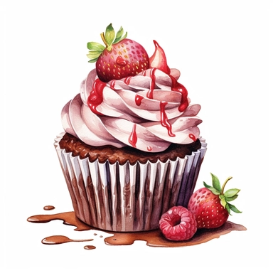 Watercolor Yummy chocolate stawberry cup cake clipart, hd, single object, white background