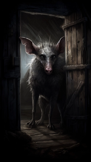 Chupacabra, an infamous creature with a hunched back and piercing eyes, lurking in the shadows of a desolate barn, a tense and unsettling environment with the only sound being the slow creaking of the barn door, Illustration, digital art using Clip Studio Paint, focusing on atmospheric lighting and creature detail,