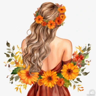 watercolor A woman's face, full body, back view White fabric leaves flowers Marigolds decorate hair, wedding dress with flowers Marigolds and leaves adorning her hair. hair up with flowers Marigolds vividly bold designs png Full body realistic cartoon in 32K UHD cute. 15 cm thick outline. . There was no shadow on the ground. 8k with realistic watercolors. and detailed illustrations. PNG clipart, transparent white background