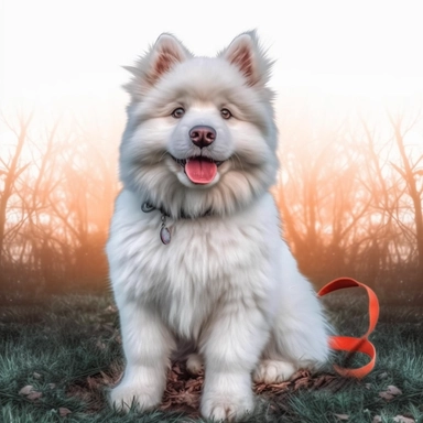 Render same dog as you can see on the picture Cute Animal: Create adorable clipart featuring only one animal for picture charming animal.with pointed ears and red leader, white furry. So it can be used in children's projects, stationery, or as decorative elements. in different pose and different look all in 4K