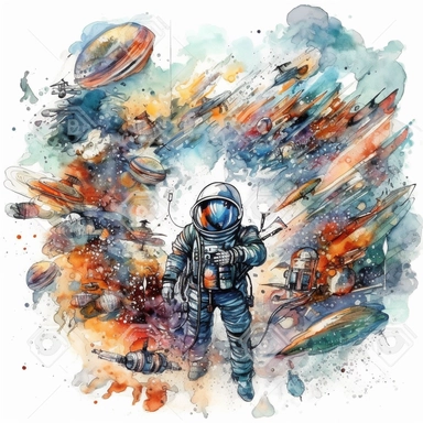 clipart style, watercolor scene of An adventurous illustration of Deep Space Exploration, featuring a futuristic spaceship soaring through the vastness of space. Astronauts in spacesuits float weightlessly as they navigate through a mesmerizing landscape of distant planets, swirling cosmic dust, and vibrant galaxies, capturing the spirit of exploration and discovery, HD, on white background