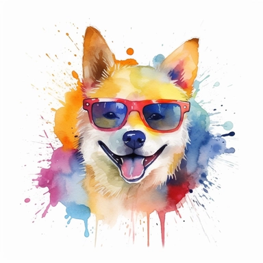 watercolor cool retro dog clipart, japanese cartoon art style, showing the emotion of joy and hapopiness, vibrant colors, beautiful.