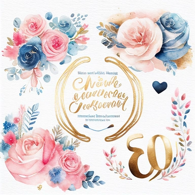 watercolor marriage anniversary clipart collection, white background, white, pink, blue and gold illustrations