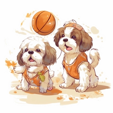Draw a brown white shitzu puppy playing basketball in a sunny day with his friends, wearing vivid color clothes, in a spring morning, clipart white background, 32k