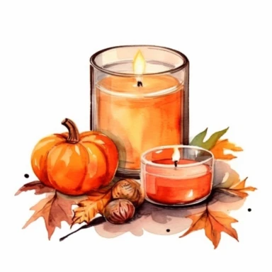 Cozy living room coffee table with candle professional photography editorial, scented candle closeup, autumn mood, watercolor, isolated on white background, in the style of hyper realistic illustrations, on a white background. clipart