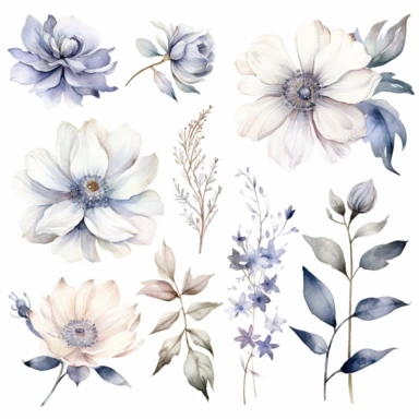 Watercolor Floral Clipart, White Flower Clipart, Neutral Floral Clipart, White Flower, White single flower, Wedding Clipart, light lilac Floral
