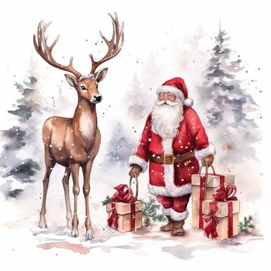 Clipart on White Backgraund Christmas Deer and Traditional Red Santa Claus with big gift boxses in snow forest Water color